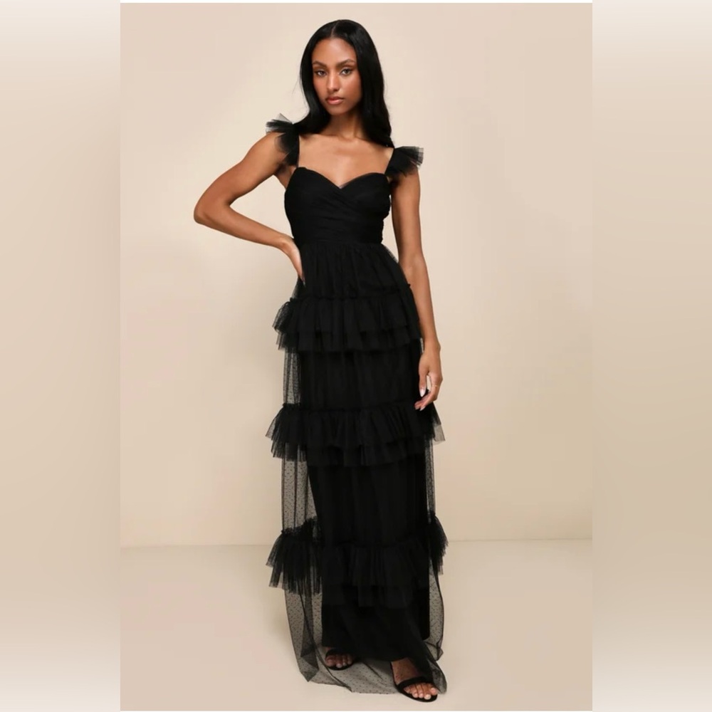 💐NWOT Pure Radiance Black Mesh Swiss Dot Tiered Maxi Dress
